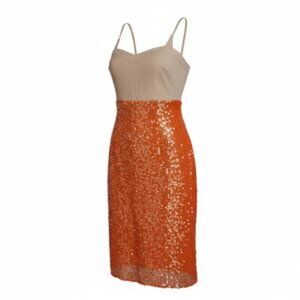 NWT By Anthropologie Sweetheart Sequin Orange Side Slit Dress Size Medium
